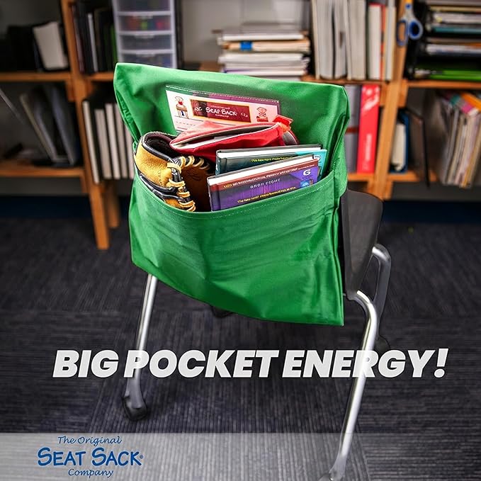 Seat Sack Student Chair Storage Pocket - 17", Single Pocket, Classroom Chair Organizer for Student Desks, Durable Over-the-Chair Storage, Green, 25-Pack