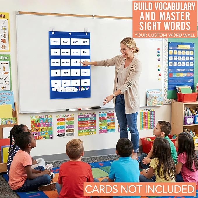 Pocket Chart for Classroom - 5+1 Small Blue Pocket Chart for Alphabet Learning Word Wall Calendar Daily Schedule Sentence Strips Sticker Display, Teacher Supplies for Preschool Kindergarten & Home