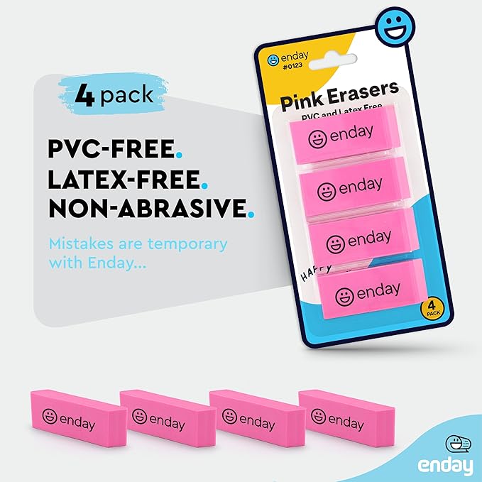 Erasers Pencil Block, Hi Polymer Large Pink Soft Eraser, Rubber and Non – Abrasive Eraser, Erasers School Supplies for Kids and Artists, Best Eraser for Drawing (4 PC) – By Enday