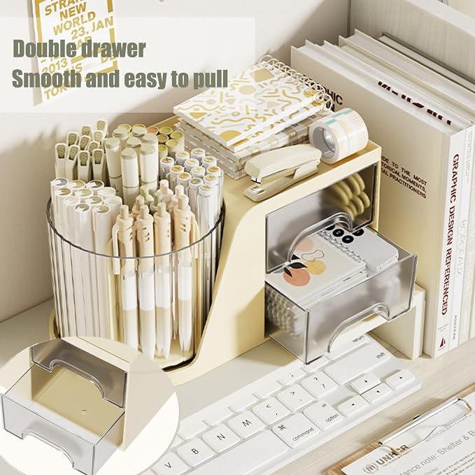 Desk Organizer with 2 Drawer,360 Degree Rotating Pen Holder for Desk,6 Slots Makeup Brush Holder for Office,School,Home,Art Supplies (Cream)