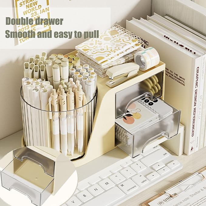 Desk Organizer with 2 Drawer,360 Degree Rotating Pen Holder for Desk,6 Slots Makeup Brush Holder for Office,School,Home,Art Supplies (Cream)