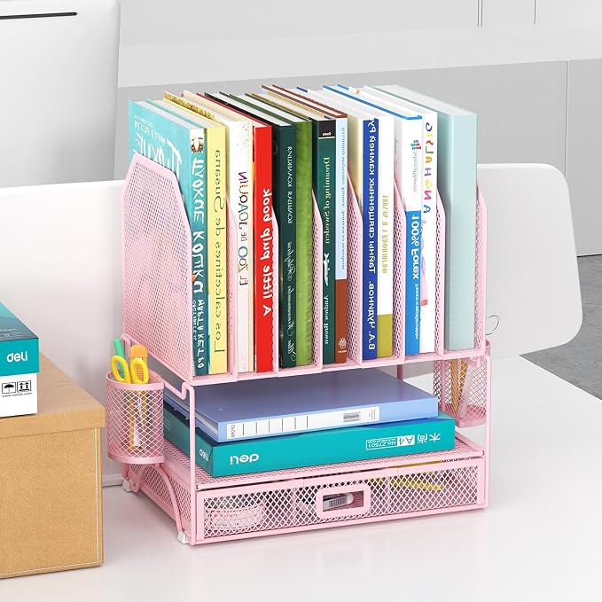 FANXIYQ Metal Desk Organizer with Sliding Drawer, 7-Section File Organizer for Desk, Desktop File Folder & Paper Organizer with 2 Hanging Pen Holders, Office Supplies Organizer, Pink
