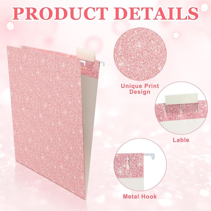 25 Pcs Pink Hanging File Folders 12 x 9.25'' Glitter Hanging Folders with 25 Paper 1/5 Cut Adjustable Tab and 25 Plastic Tab for Medical Charts Office Desktop