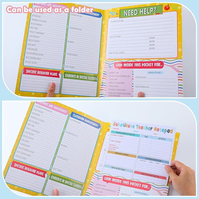 MotiMind 8 Pack Substitute Teacher Folder - Elementary School Teacher Supplies with Daily Class Schedule & Classroom Routines Management