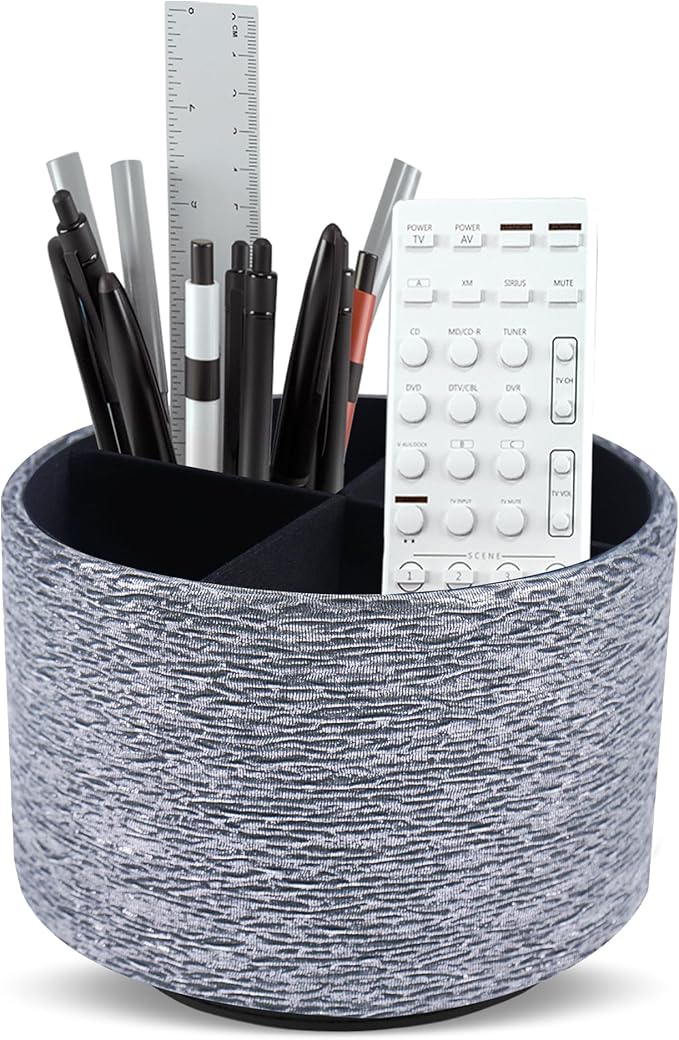 Round Leather Art Supply Organizer,Remote Control Holder,360-degree Rotating Pen Organizer with 4 Compartments(1-Light Tree Silver)