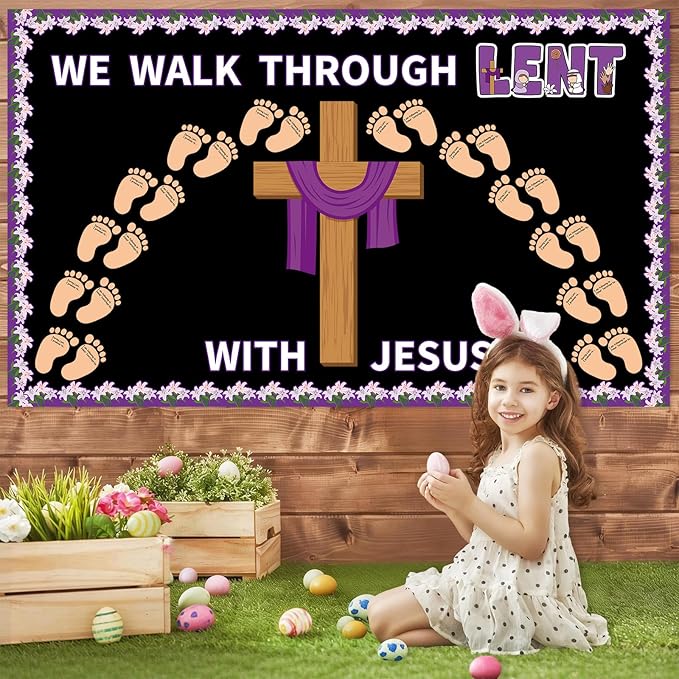 Easter Religious Bulletin Board for Lent Easter Cross Bulletin Board Decoration Set Religious Christian Cross Footsteps Paper Cutouts for Church Home Classroom School Nursery Chalkboard Decor
