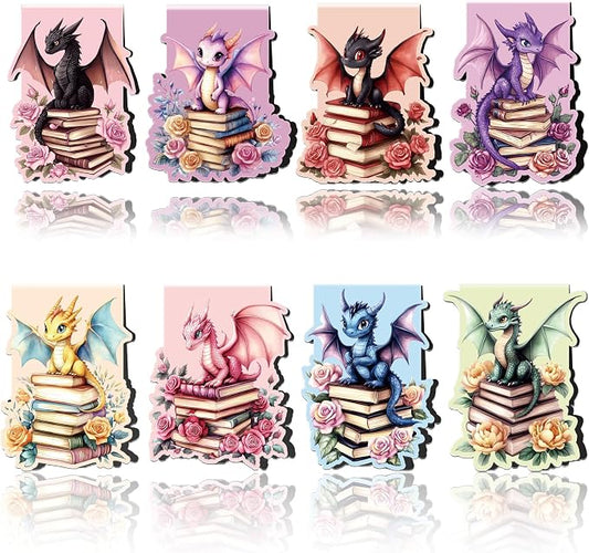 Dragon Magnetic Bookmarks: 8 PCS Floral & Cute Animals Magnet Book Markers for Reading Kids Boys Girls, Unique Dragon Book Mark Clips, Gifts for Novel Lovers Readers, School Office Supplies