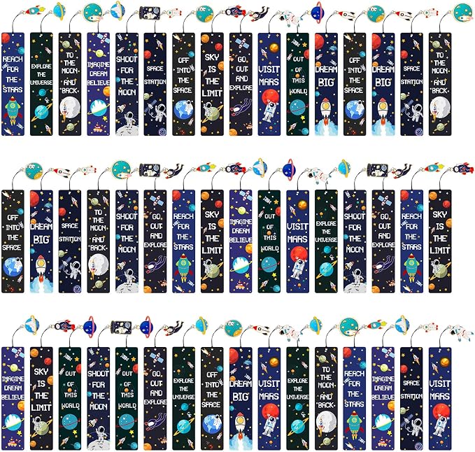 48 Pack Space Bookmarks Bulk for Kids, Outer Space Themed Party Favors, Astronaut Rocket Planet Galaxy Theme Birthday Party Favors, Bookmarks with Metal Charms for Boys Girls, Classroom Rewards Gifts