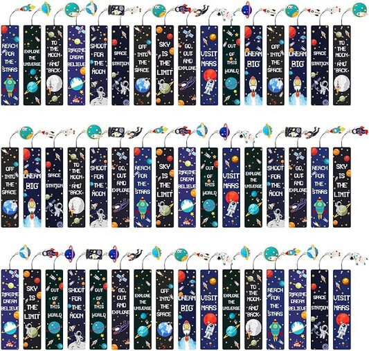 48 Pack Space Bookmarks Bulk for Kids, Outer Space Themed Party Favors, Astronaut Rocket Planet Galaxy Theme Birthday Party Favors, Bookmarks with Metal Charms for Boys Girls, Classroom Rewards Gifts