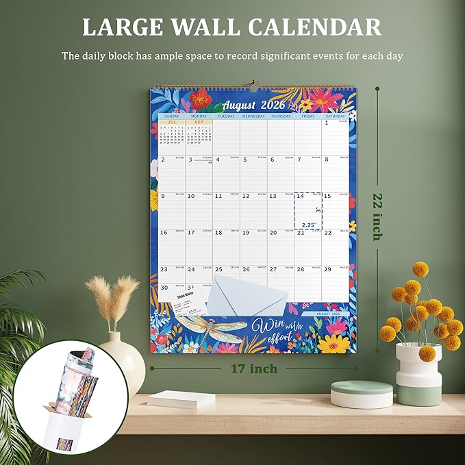 Ospelelf Wall Calendar 2026-2027 with Storage Pocket Monthly Large Planner Pad 17" X 22" with Protective Cover and Stickers for Family Fridge Office Teacher Student January 2026 to June 2027 Retro