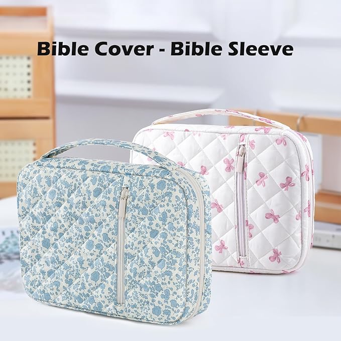 Quilted Bible Cover Case for Women, Large Bible's Bag with Pockets & Handle, Bible Carrying Case Organizer for Bible Study Supplies, Christian Gifts, Fits Large & Small Bibles