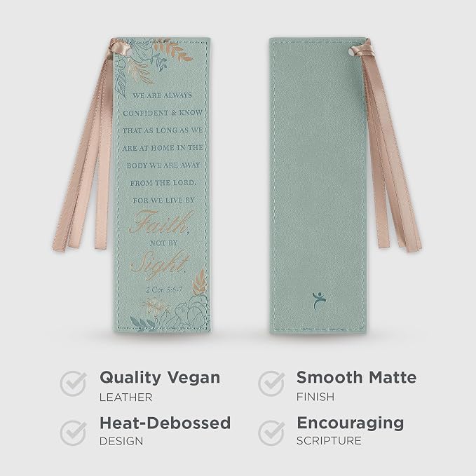 Christian Art Gifts Teal Faux Leather Floral Bookmark for Women: Walk by Faith - 2 Corinthians 5: 6-7 Inspirational Bible Verse, Heat-Debossed & Gold Accents with Taupe Satin Ribbon Reading Accessory