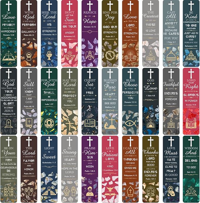 Epakh 120 Pieces Bible Verses Bookmarks with Hollow Cross Christian Gift for Church Inspirational Religious Bookmarks Gifts Reading Reward Scripture, 30 Style(Marble Style)