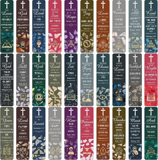Epakh 120 Pieces Bible Verses Bookmarks with Hollow Cross Christian Gift for Church Inspirational Religious Bookmarks Gifts Reading Reward Scripture, 30 Style(Marble Style)