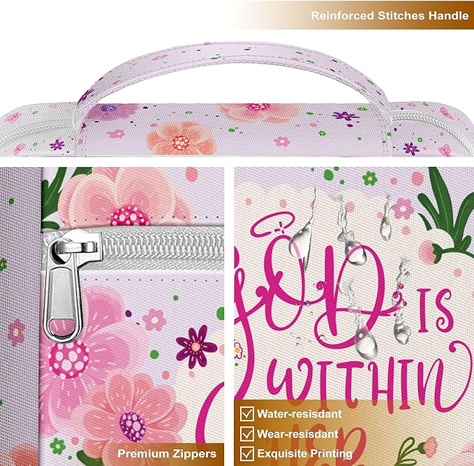 God Is Within Her Bible Cover for Women, Floral Canvas Bible Case with Handle and Zipper Pocket, Fits Standard Size, Christian Gift for Girls and Bible Study Use
