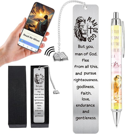 Christian Man of God Bible Bookmark with NFC, Metal Inspirational Faith Book Mark and Pen Set, Religious Book Marker for Reading Men, Catholic Gifts for Pastor Father Teacher School Office Supplies