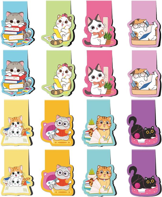 Cute Cat Magnetic Bookmarks: 16 Pcs Cute Cartoon Cat Magnet Book Page Markers Animal Bookmark Clips for Reading, Gifts for Kids Students Women Book Lovers Office School Supplies