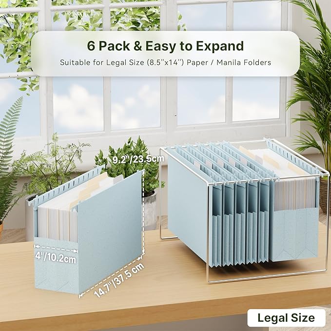 XINGIA Legal Size Hanging File Folders with Tabs,4 Inch Expansion Hanging File Organizer for Bulky Files,6 Pack Wheat Straw File Cabinet Organizer with Adjustable Hooks,Heavy Duty Filing Folders