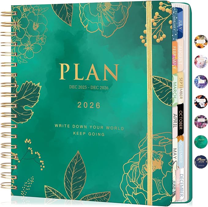 CAGIE 2026 Planner Weekly and Monthly， Jan - Dec 2026 8.3 x 9.3 Inch Hardcover Spiral Bound, 13 Monthly Dividers Tabs, Stickers, Floral Daily Planner for Women Perfect 2026 Yearly Calendar Planner