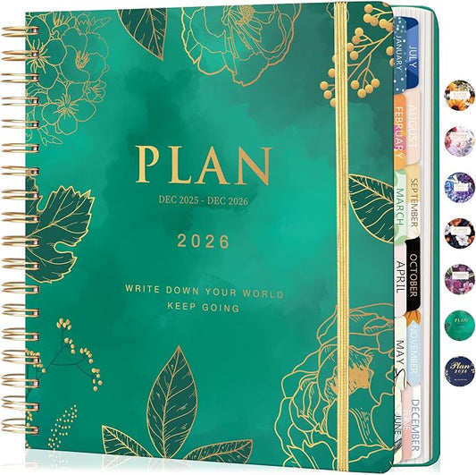 CAGIE 2026 Planner Weekly and Monthly， Jan - Dec 2026 8.3 x 9.3 Inch Hardcover Spiral Bound, 13 Monthly Dividers Tabs, Stickers, Floral Daily Planner for Women Perfect 2026 Yearly Calendar Planner