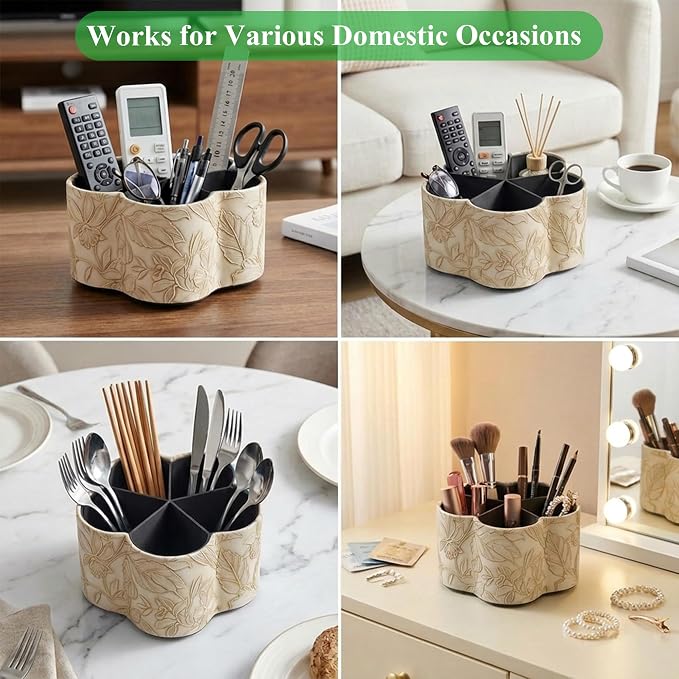 Flower Shaped Leather Art Supply Organizer,Remote Control Holder,360 Degree Spinning,Multi-Functional Pencil Holder,5 Compartments Desktop Stationary Organizer(1-Flower Apricot)