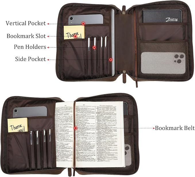 Polare Full Grain Leather Bible Cover Church Bag Carrying Book Case Bible Protective with Handle and YKK Zipper 11.2x8.25x2.3 inch Christian, Religious Gifts for Men