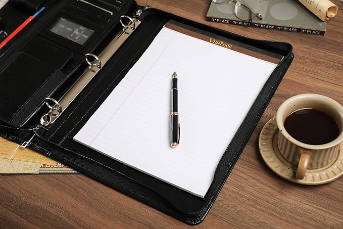 Black Leather Padfolio for Women/Men, Business Leather Binder 3 Ring Portfolio, Personalized Leather Portfolio Binder, Zippered Portfolio Organizer for A4 Notepad & 13-inch Laptop/Tablet