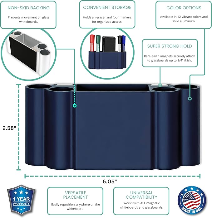 Glassboard Studio Magnetic Dry Erase Marker Holder - Super Strong for Magnetic Glass Whiteboard or Fridge - 2 Large Neodymium Magnets - No Slip Grip - Eco-Friendly PLA Plastic (Navy Blue, KIT)