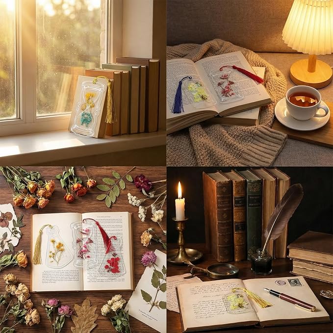 Tallew 81 Pcs DIY Dried Flower Bookmark Making Kit Include 40 Clear Transparent Bookmarks, 40 Colorful Tassels and Puncher, Handmade Craft Supplies for Women Girls Readers(Dreamy Style)