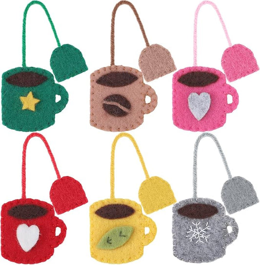 Honoson 6 Pcs Cups and Tea Bag Felt Bookmarks Cute Hand Teapot Gift Mug Shape Hand Embroidered Bookmarks for Holiday Women Teacher Book Reading Lovers