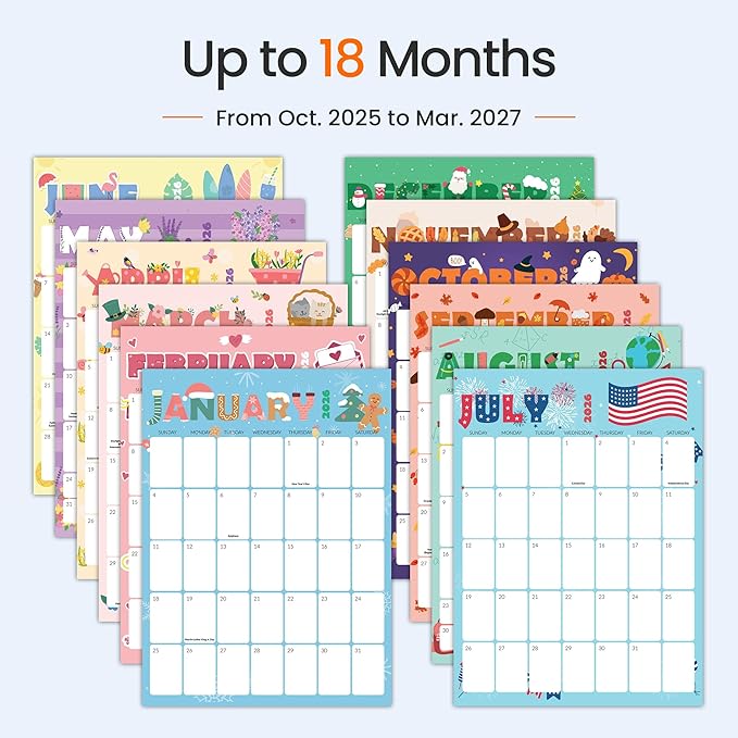 SUNEE 2026 Calendar, 18 Months Wall Hanging Monthly 2026 Calendar 8.5"x11", October 2025 to March 2027, for Organizing & Planning, Cute