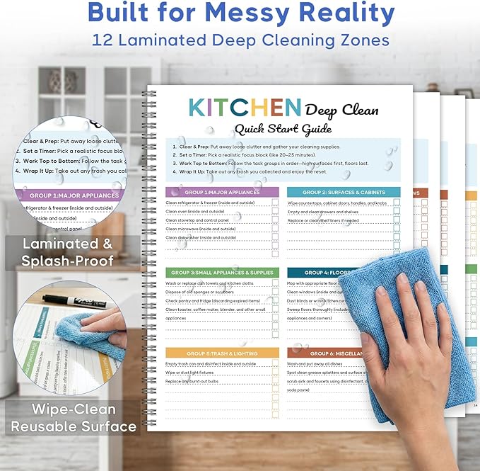 ADHD Cleaning Planner for Adults - Floral Cover Design. Undated Colorful Daily Weekly Monthly Quarterly Yearly Chore Tracker Log. Wipe-Clean PVC Spiral Journal for Organizing Home & Dopamine Menu List
