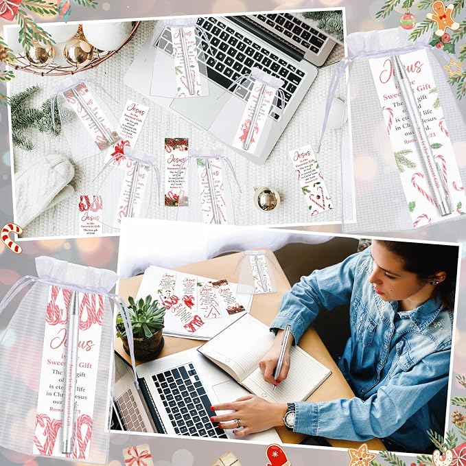 Dispowreath 24 Pcs/12 Sets Jesus is the Sweetest Gift, Include 12 Xmas Romans 6: 23 Bookmark 12 Bible Verse Ballpoint Pen for Christmas Church Prizes Party Favors