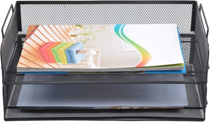 EASEPRES 2 Pack Stackable Desk Paper Tray, Metal Mesh Desktop Document Letter File Organizer for Office Home School, 13.5'' L x 9.75'' W x 5.5'' H, Black