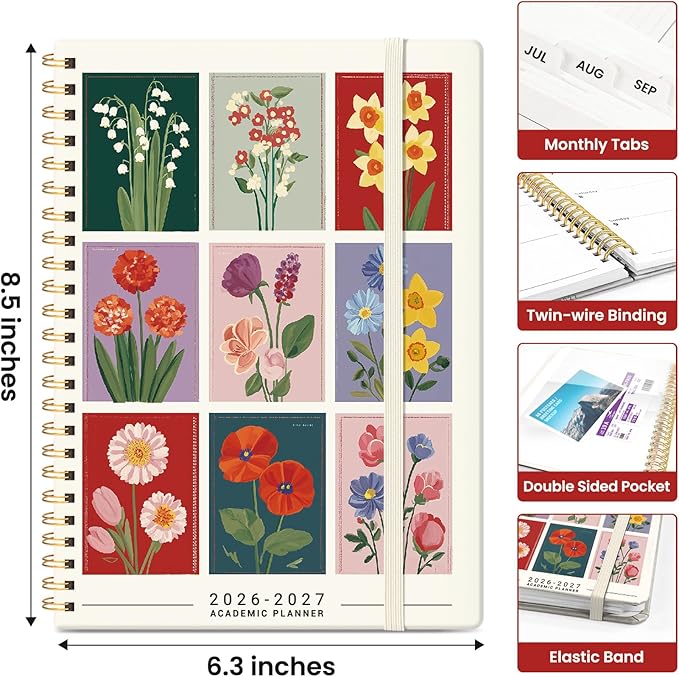 Planner 2026-2027, Academic Year Monthly and Weekly Calendar Planner, Jul 2026 - Jun 2027, Hardcover Teacher Student Planning Agenda book with Tabs, Perfect for School Office Supplies, 6.3" x 8.5" - Floral Gallery