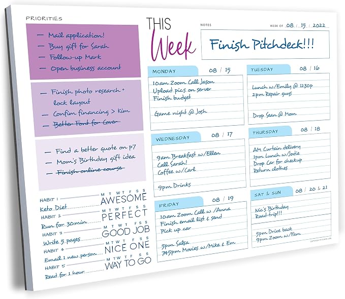 Weekly Planner Pad - Undated Planner - To Do List Notepad - Habit Tracker - 11 x 8.5" - 52 Tear-Off Sheets - Daily Planner Undated for Home Work Office Business - Goal Planner - Cute Planner (Purple)