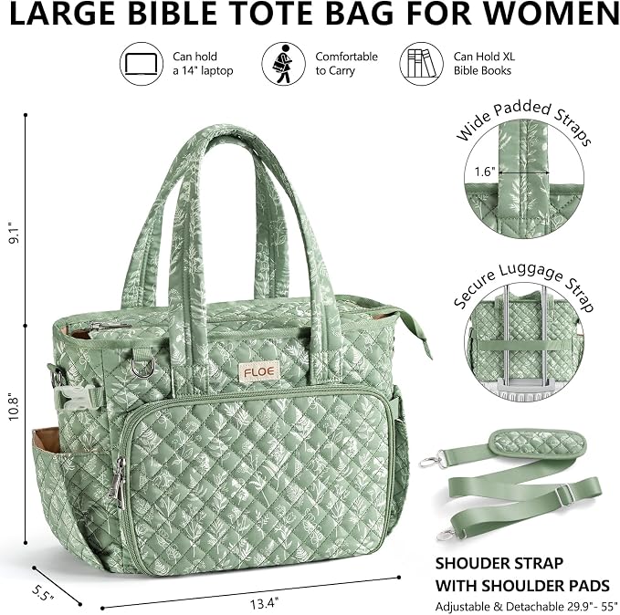 Large Bible Bag for Women Bible Cover Case, Quilted Puffer Bible Tote Bag Church Bag w/Shoulder Strap, Bible Study Supplies Journaling Kit Accessories Pen Tabs, Christmas Christian Gifts for Women Mom