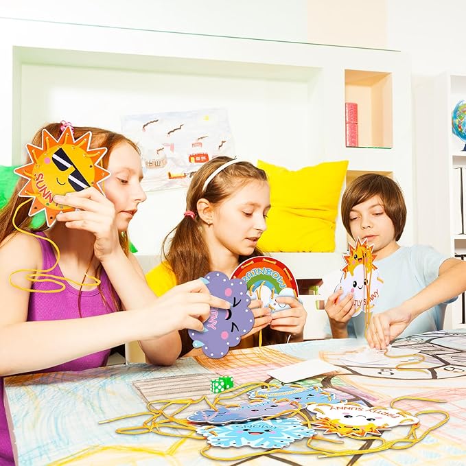 Funrous 10 Pieces Kids Recognition Lacing Cards Thick Cardboard Educational Sewing Cards Double Sided Lacing Playing Games for Children Toddler Preschool Developing Imagination Supplies (Weather)