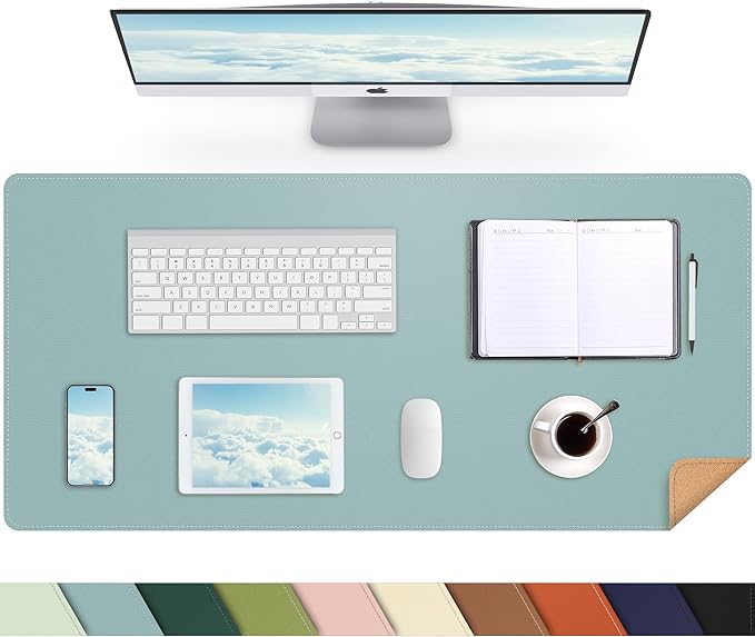 AFIING Leather Desk pad Protector, Light Blue, 35.4" x 17" | Dual-Sided Cork & PU Leather, Non-Slip, Waterproof, Large Mouse Pad for Office, Home & Gaming