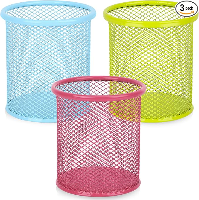 Segarty Pen Cup, 3 Pack Assorted Colors Round Pen Holder for Desk, Wire Mesh Pencil Cups Holder Desktop Accessories Organizer for Office Supplies, School, Home, Makeup Brush (Light Blue Pink Green)