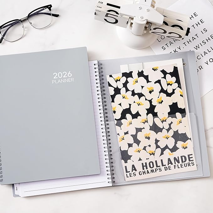 2026 Planner - January 2026 - December 2026, 9" x 11" Weekly Monthly Planner 2026, Tabs, Spiral Bound, Back Pocket, Gray