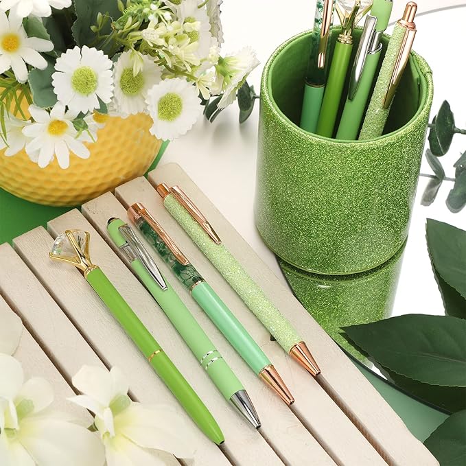 Sabary 8 Pcs Green Pens with Pen Holder for Desk Glitter Crystal Diamond Cute Ballpoint Fancy Pencil Holder Bling Desk Organizer for Women Girls School Office Supplies Wedding Graduation Gifts