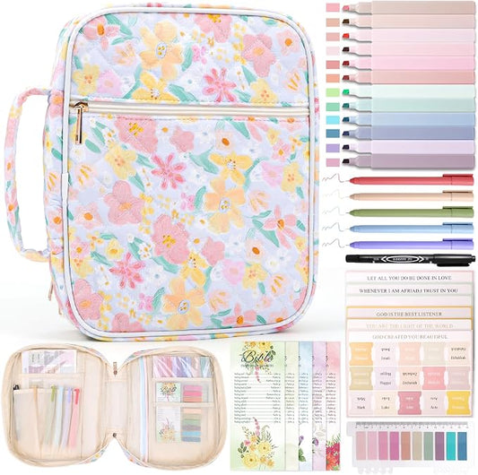 XKDOUS Large Bible Bags Floral Bible Cover with Durable Handle, Tabs, Pens, Study Supplies Carrier Organizer, Church Book Carrying Case Christian Gifts for Mom Women Lady