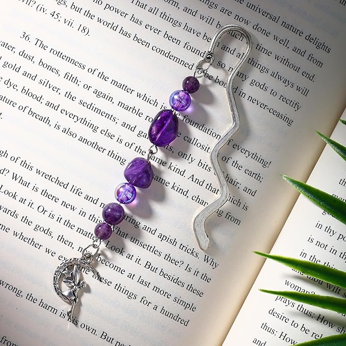 Vintage Metal Angel Bookmark Pendant with Natural Crystal Bead Chain–Elegant Fairy Bookmarks for Women,Men,Book Lovers,Teachers and Students(Amethyst)