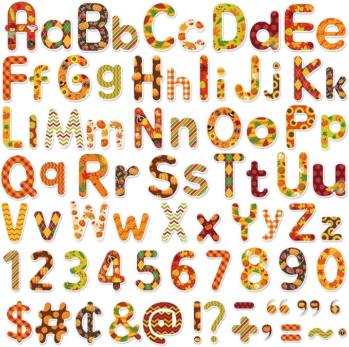 Faccito 231 Pcs Thanksgiving Letters Cutouts for Bulletin Board Decorations Fall Thanksgiving Letter Classroom Bulletin Board Set 4.3" 3.2" Turkey Alphabet Number Punctuation Accent School Decor