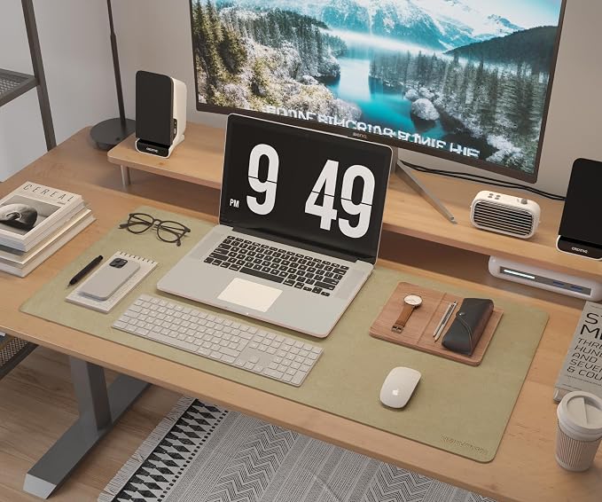 RENMTURE Desk Pad, Cork & PU Leather Desk Mat, Large Mouse pad, Non-Slip Desk Protector and Blotter, Waterproof Writing Pad, Desk Accessories and Organizers for Home Office (Golden,32"x16")