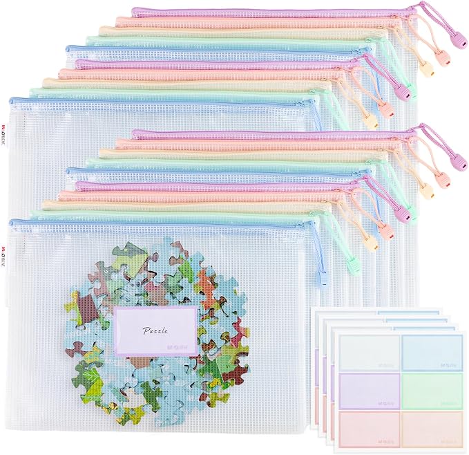 20pcs Mesh Zipper Pouch Bags File Puzzle Storage Bags, A4 Zipper Bags for Organizing Storage, Waterproof Zipper Pouches with Label Pocket, Board Games and Office Supplies (Macaroon Colors)