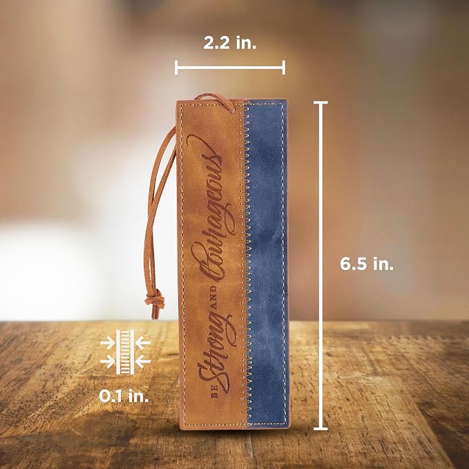 Christian Art Gifts Premium Vegan Leather Scripture Bookmark for Men & Women: Strong & Courageous Inspirational Bible Verse, Unique Sturdy Luxury Reading Book Accessory, Light Brown & Navy Blue & Cord