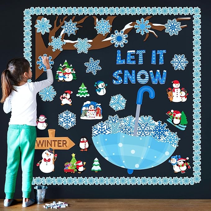 153 Pcs Winter Bulletin Board Decorations Set Let It Snow Classroom Tree Snowflake Cutouts with Borders Glue Points for School Classroom Christmas Bulletin Board Blackboard Chalkboard Decor