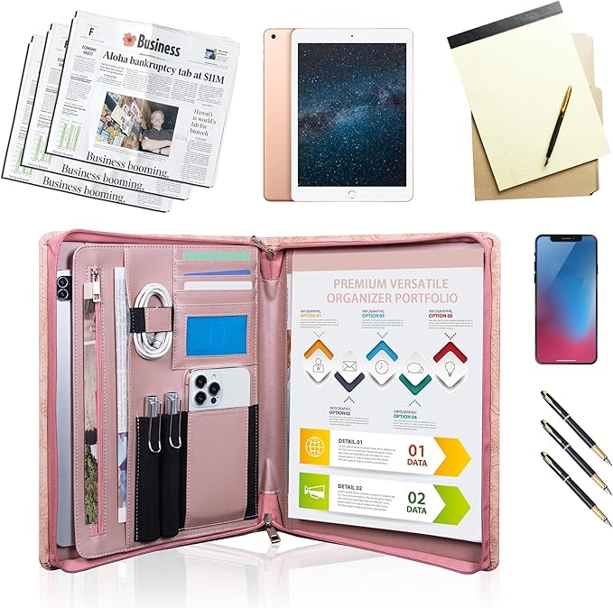 Pink PU Embossed Leather Padfolio for Women, A4 Document Holder with Zipper, Cheque and Legal Notepad Holder, Interview Binder for Women, Work Portfolio Organizer, Personalized Portfolios for Girls